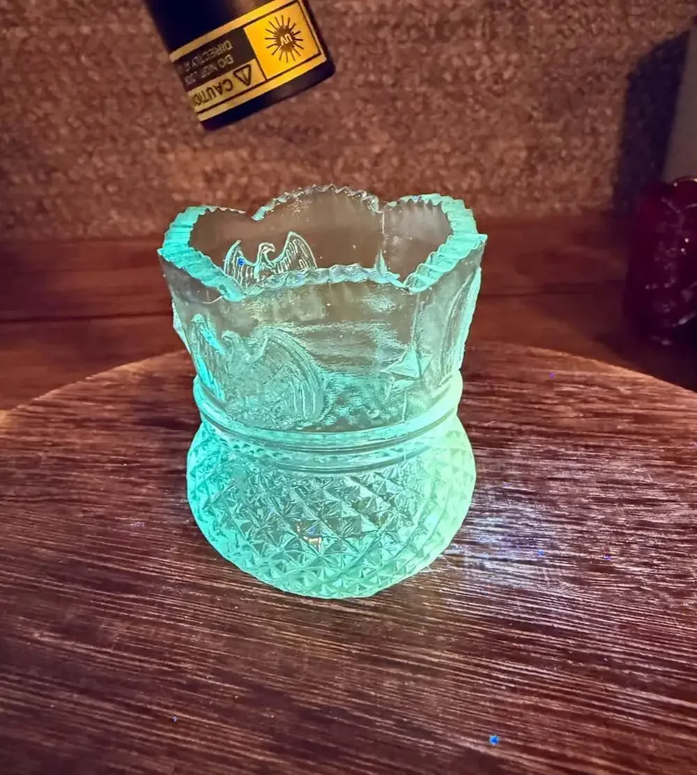 Albert Botson Blue Glass Toothpick Holder Eagles and Stars Pattern GLOWS